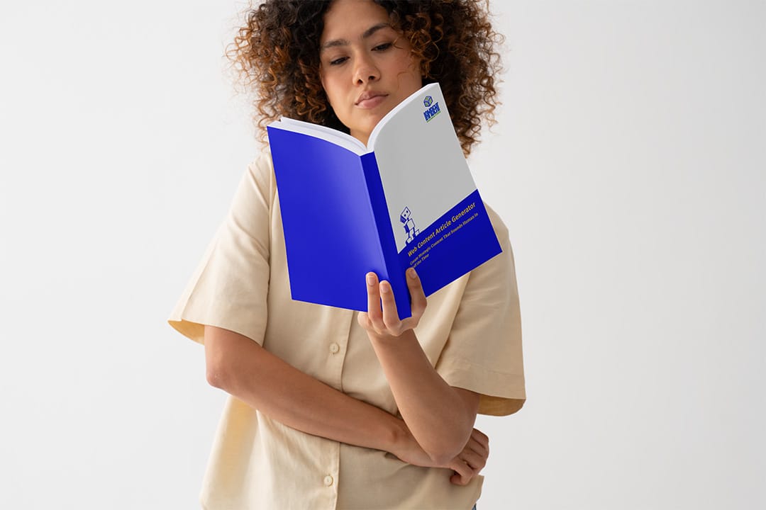 Woman reading the Web Content Article Generator PDF