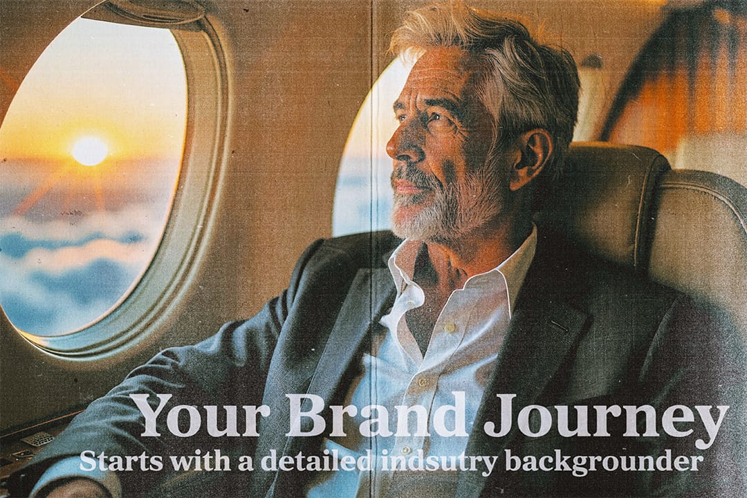 A middle-aged executive, flying in a private jet contemplates his brand's industry strategy.